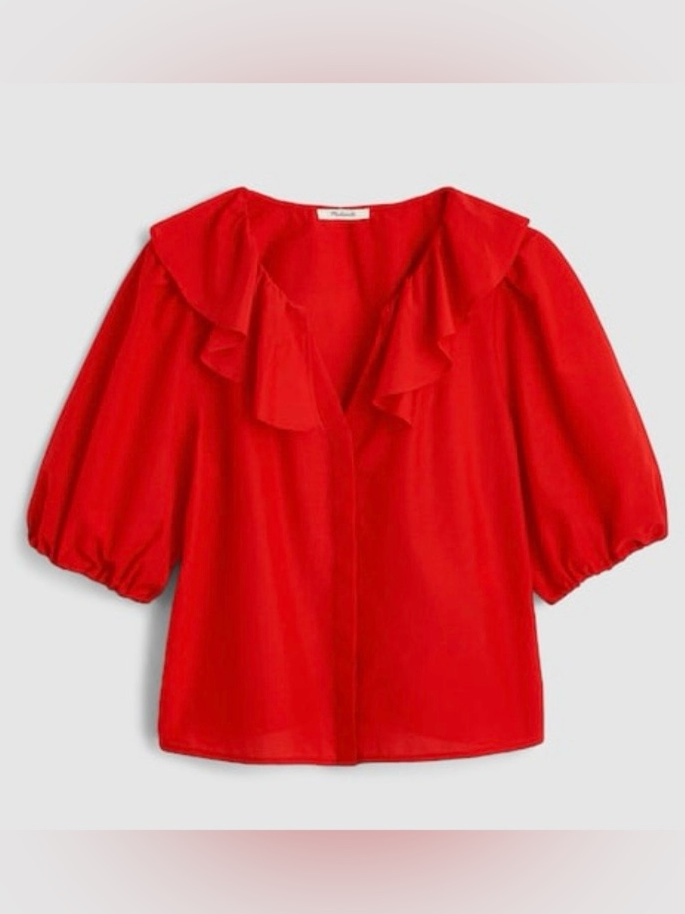 Madewell Ruffled Y-Neck Top in Cotton-Silk in Festival Red